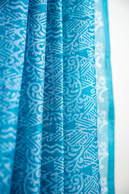 Deep Teal Blue / Prussian Blue base with a frosty Silver-Grey overlay print Pure Silk Saree