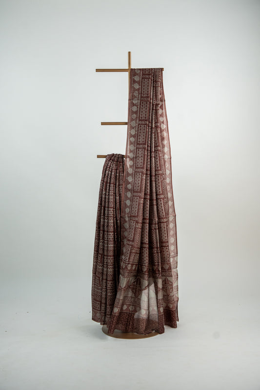 Warm Chocolate Brown / Cocoa base with textured Ash-Grey/Beige motifs Pure Silk Saree