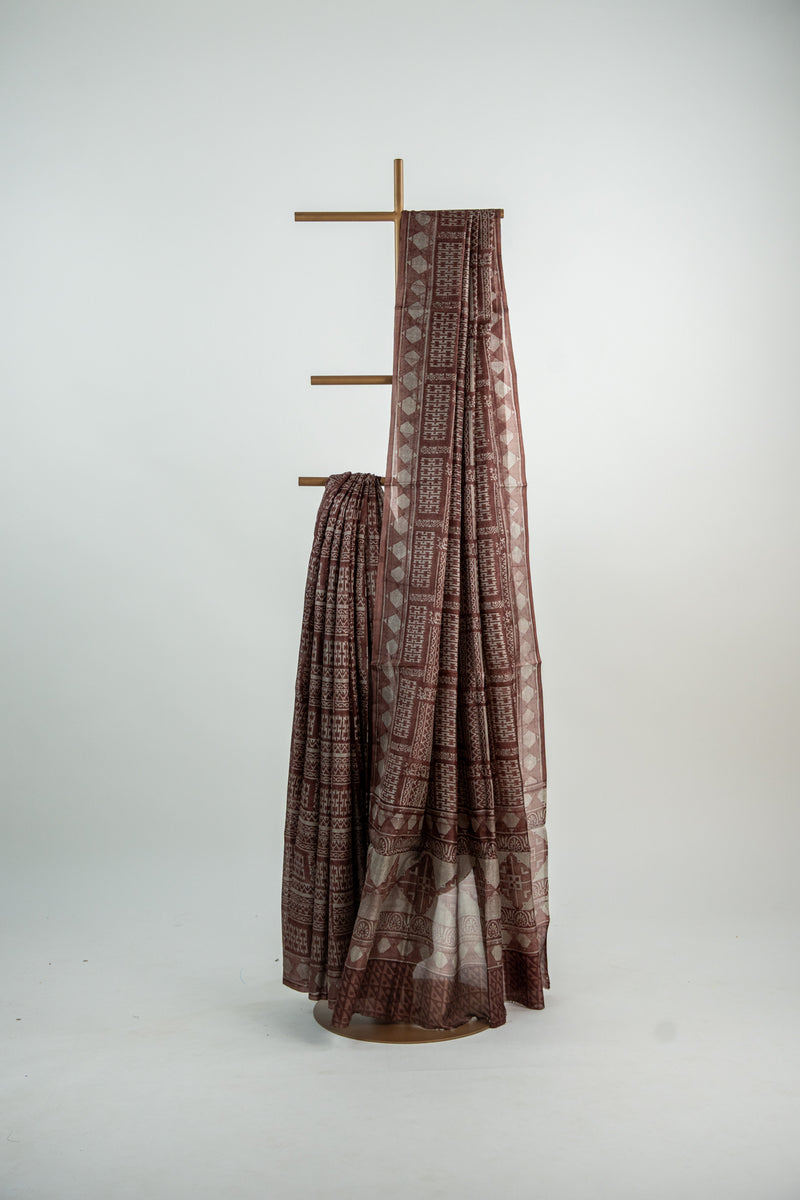 Warm Chocolate Brown / Cocoa base with textured Ash-Grey/Beige motifs Pure Silk Saree