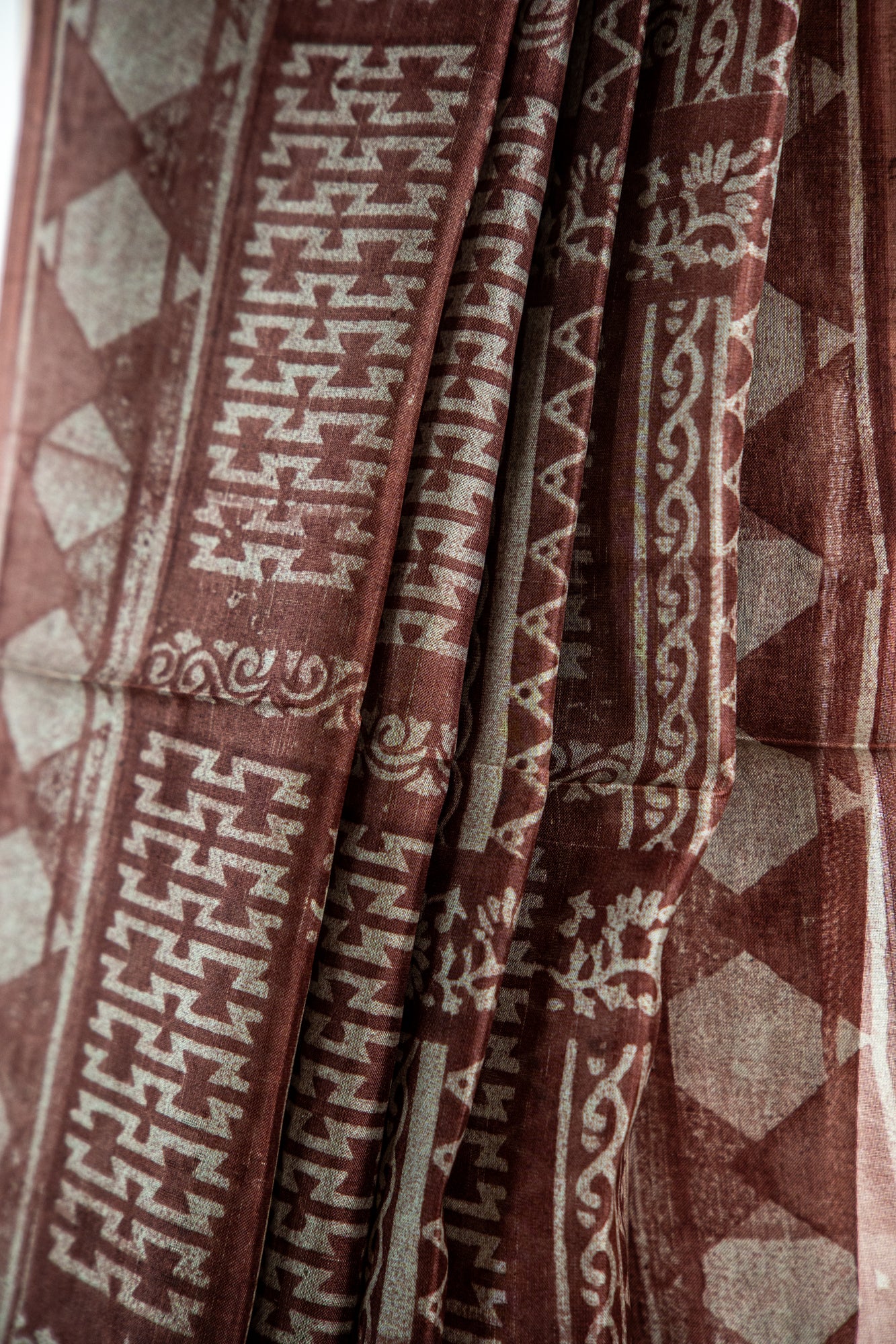 Warm Chocolate Brown / Cocoa base with textured Ash-Grey/Beige motifs Pure Silk Saree