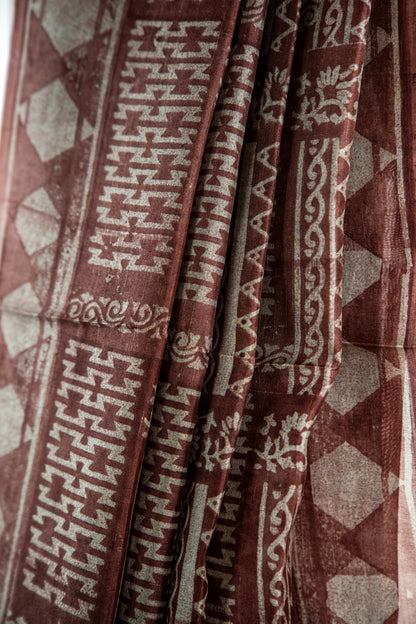 Warm Chocolate Brown / Cocoa base with textured Ash-Grey/Beige motifs Pure Silk Saree