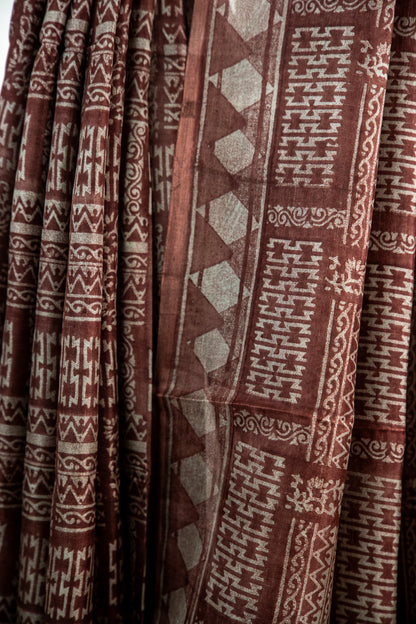Warm Chocolate Brown / Cocoa base with textured Ash-Grey/Beige motifs Pure Silk Saree