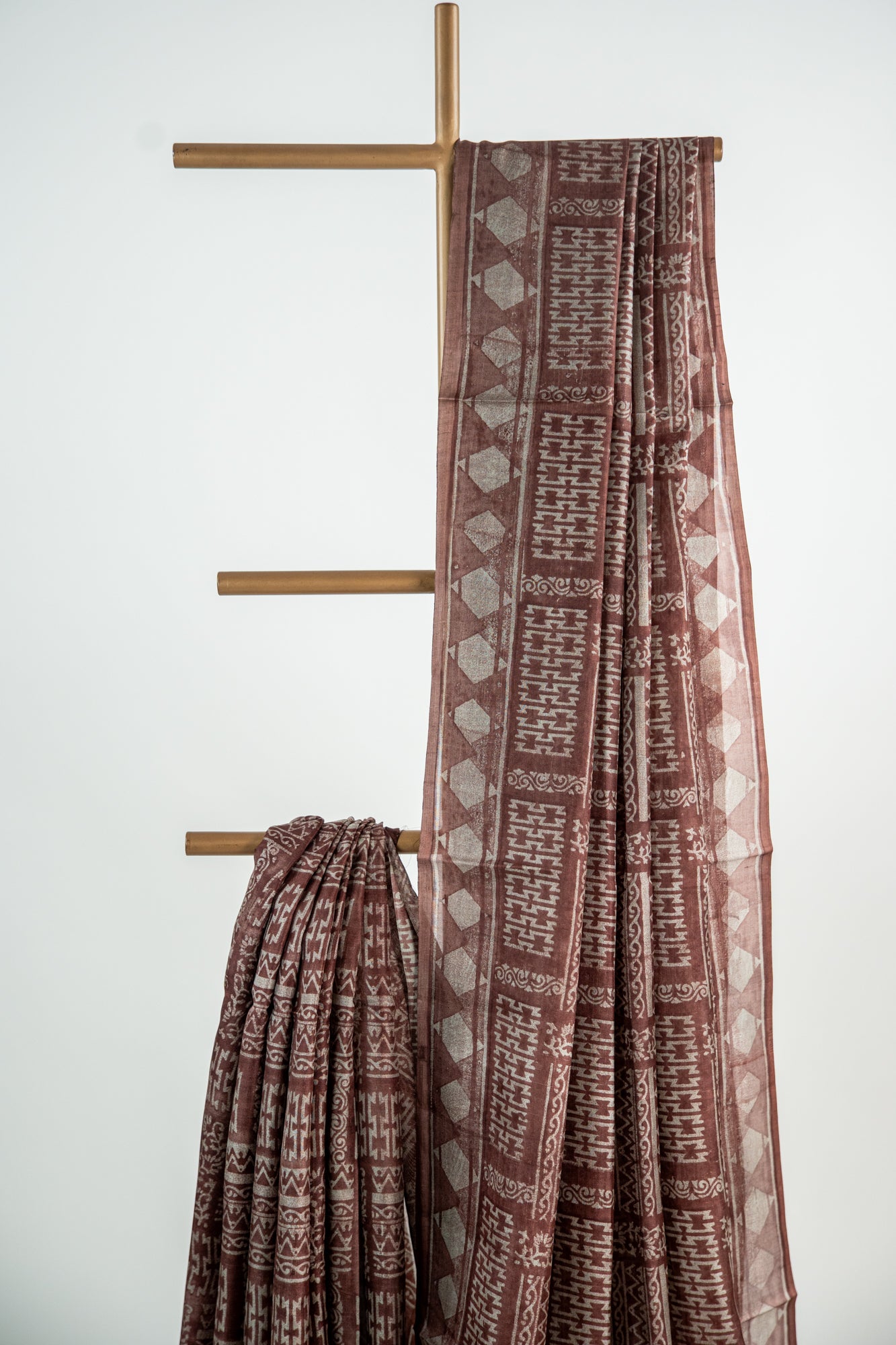 Warm Chocolate Brown / Cocoa base with textured Ash-Grey/Beige motifs Pure Silk Saree