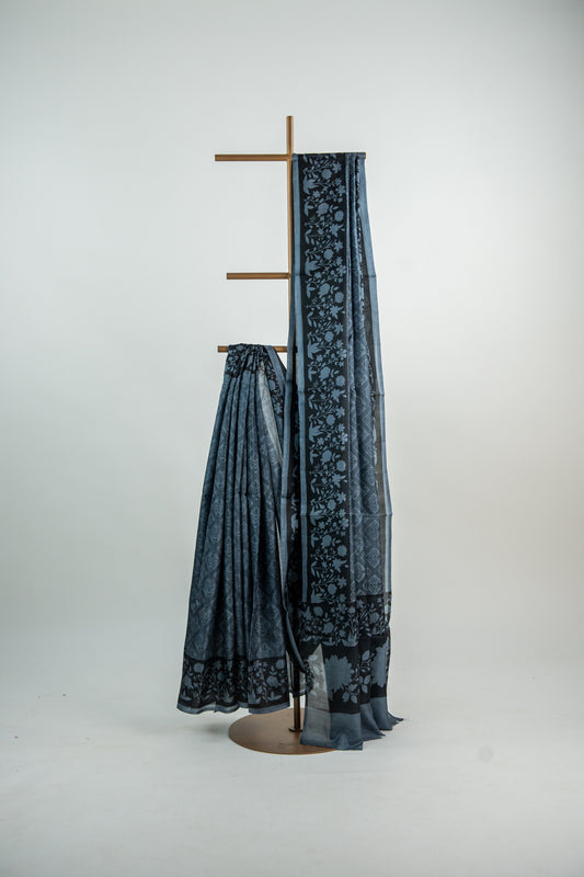Slate Grey / Steel Blue body with a Charcoal Black contrast Pure Silk Saree