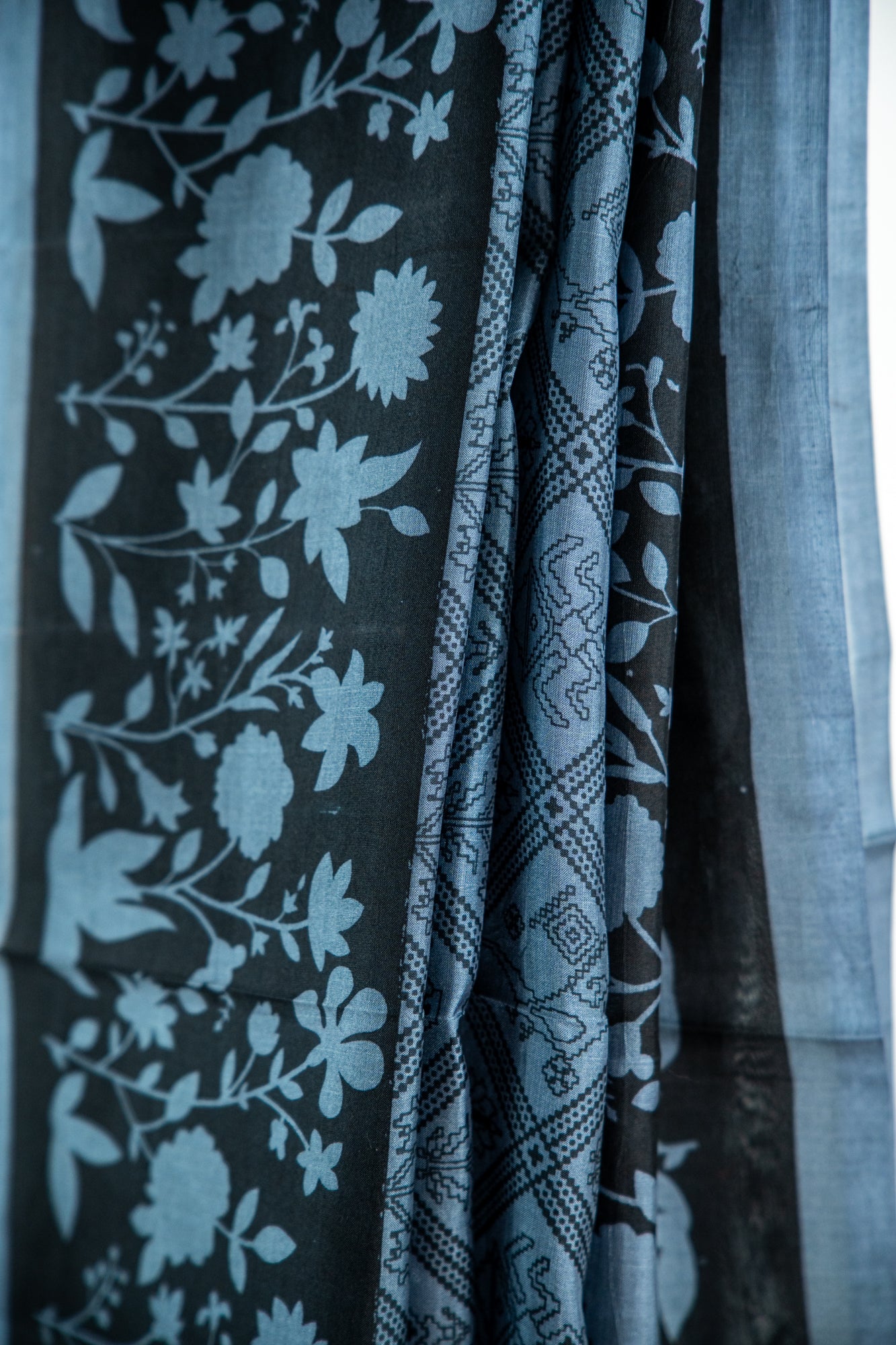 Slate Grey / Steel Blue body with a Charcoal Black contrast Pure Silk Saree