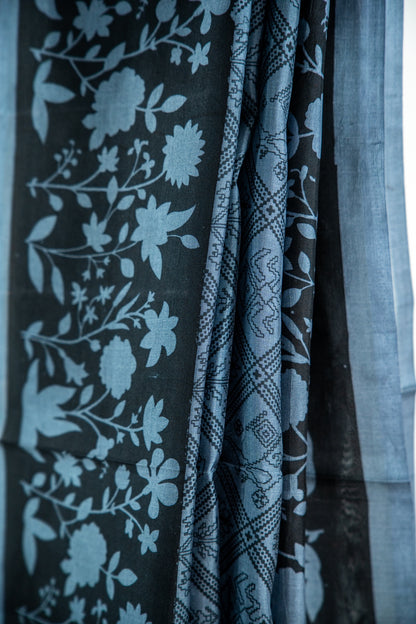 Slate Grey / Steel Blue body with a Charcoal Black contrast Pure Silk Saree