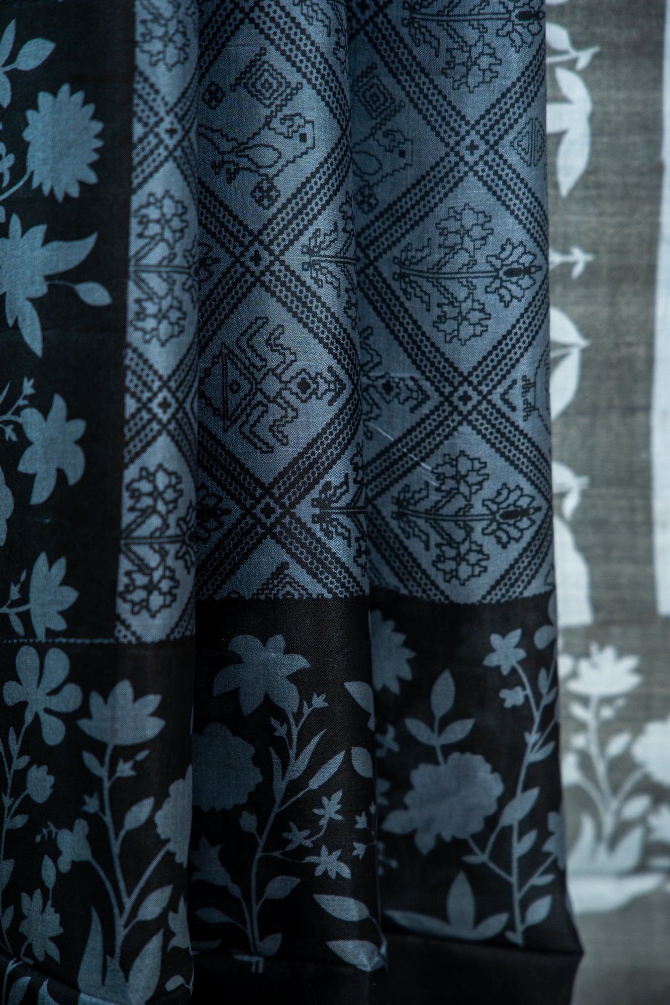 Slate Grey / Steel Blue body with a Charcoal Black contrast Pure Silk Saree