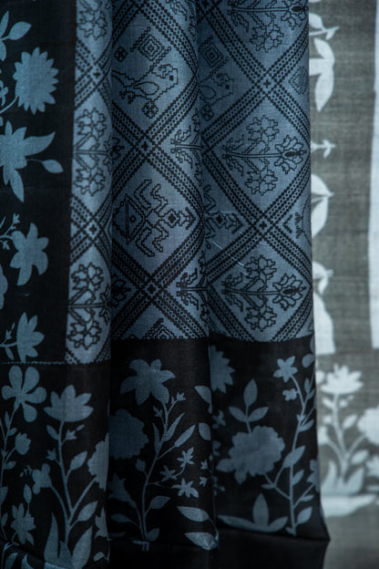 Slate Grey / Steel Blue body with a Charcoal Black contrast Pure Silk Saree