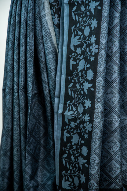 Slate Grey / Steel Blue body with a Charcoal Black contrast Pure Silk Saree