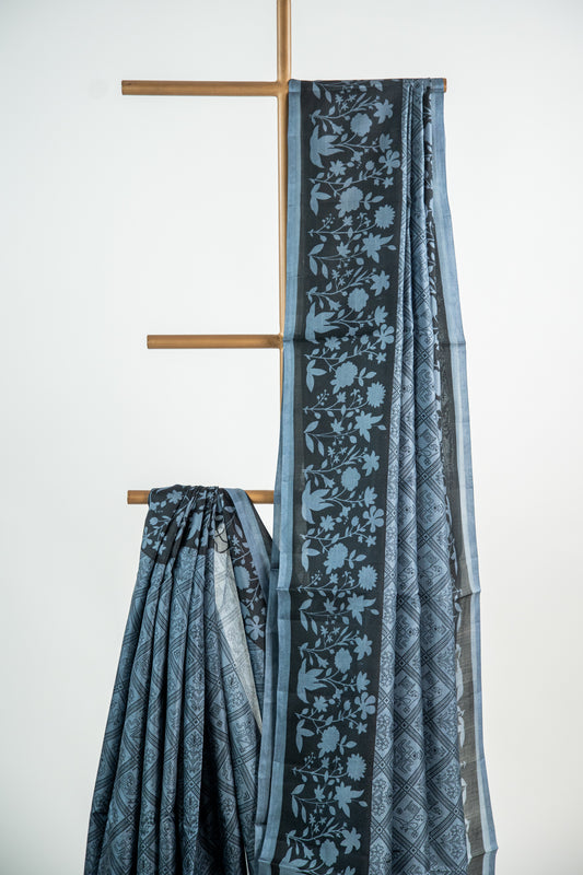 Slate Grey / Steel Blue body with a Charcoal Black contrast Pure Silk Saree