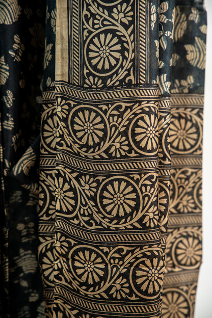 Charcoal Black base with a warm Ivory/Beige print Pure Silk Saree