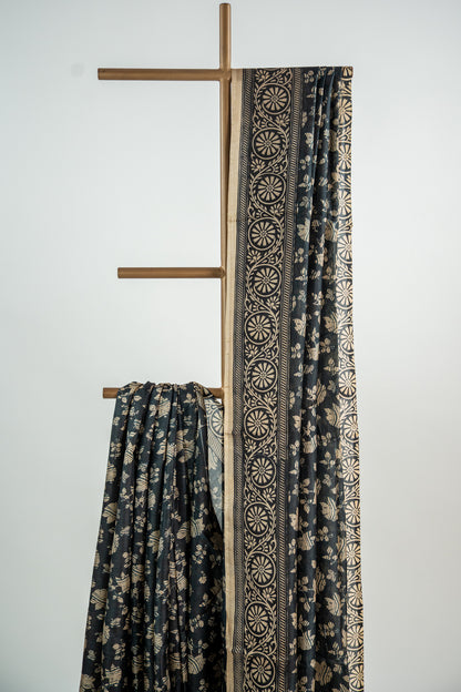 Charcoal Black base with a warm Ivory/Beige print Pure Silk Saree