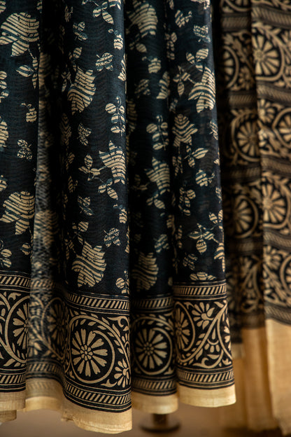 Charcoal Black base with a warm Ivory/Beige print Pure Silk Saree