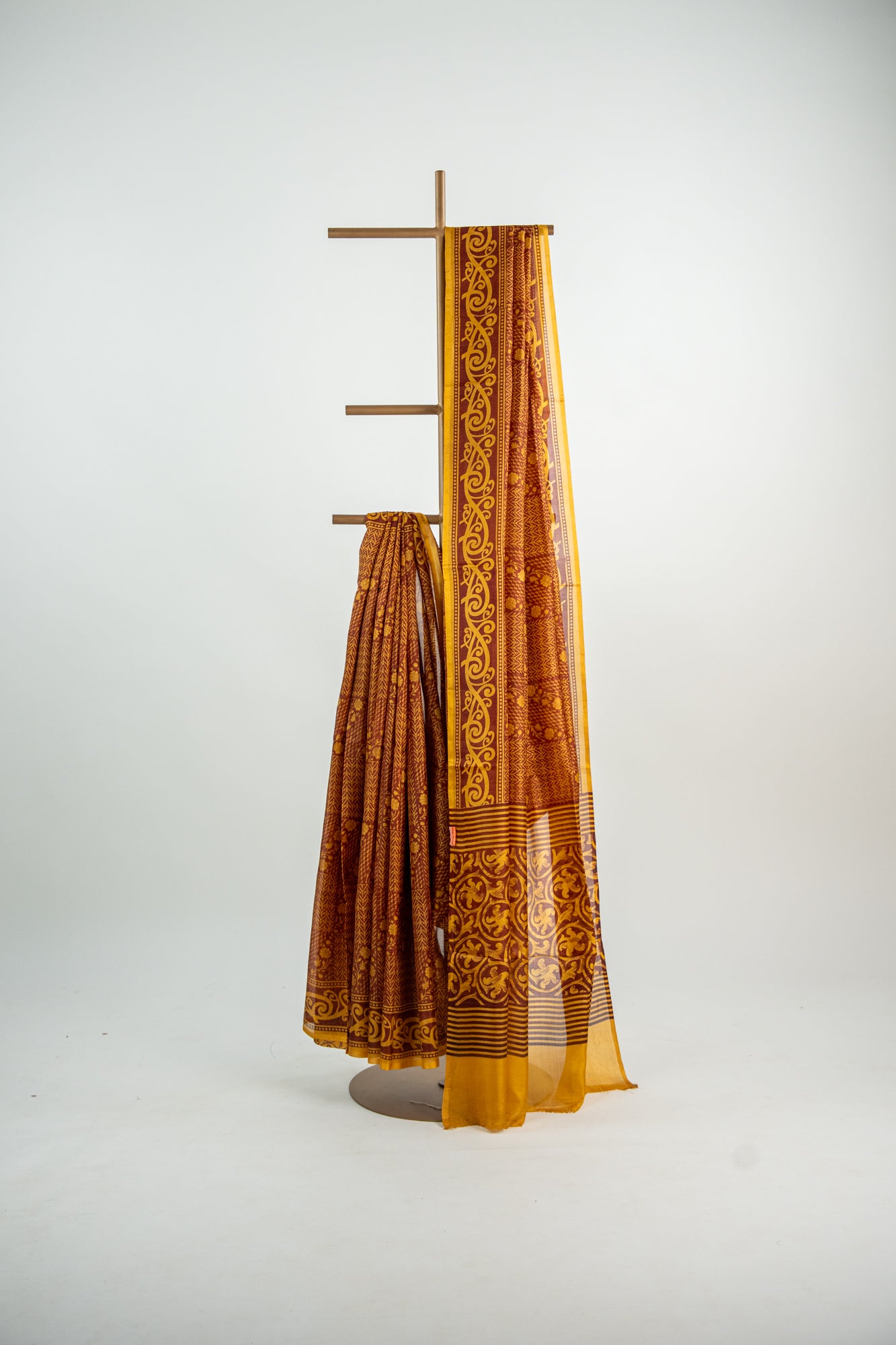 Mustard Yellow and Ochre Gold on a deep Rust-Brown base Pure Silk Saree