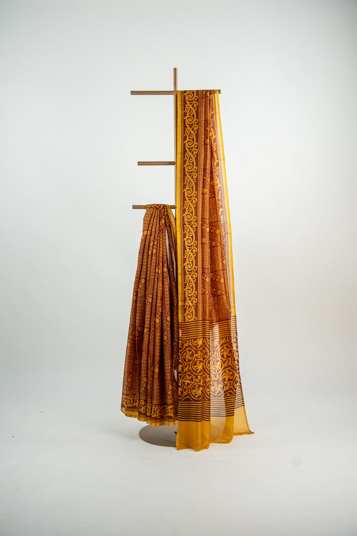 Mustard Yellow and Ochre Gold on a deep Rust-Brown base Pure Silk Saree