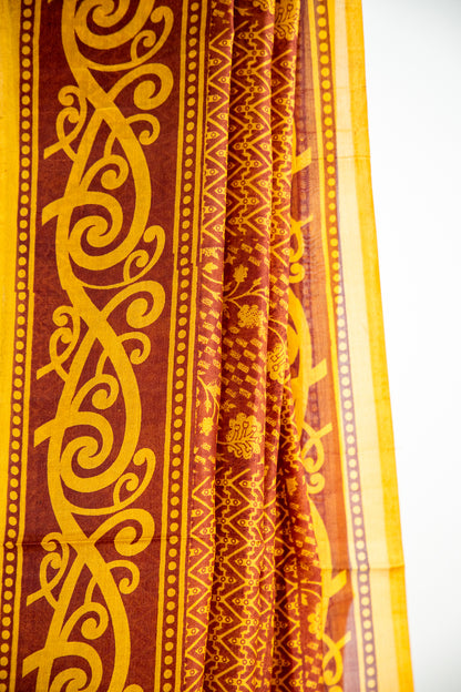 Mustard Yellow and Ochre Gold on a deep Rust-Brown base Pure Silk Saree