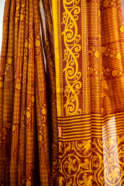 Mustard Yellow and Ochre Gold on a deep Rust-Brown base Pure Silk Saree