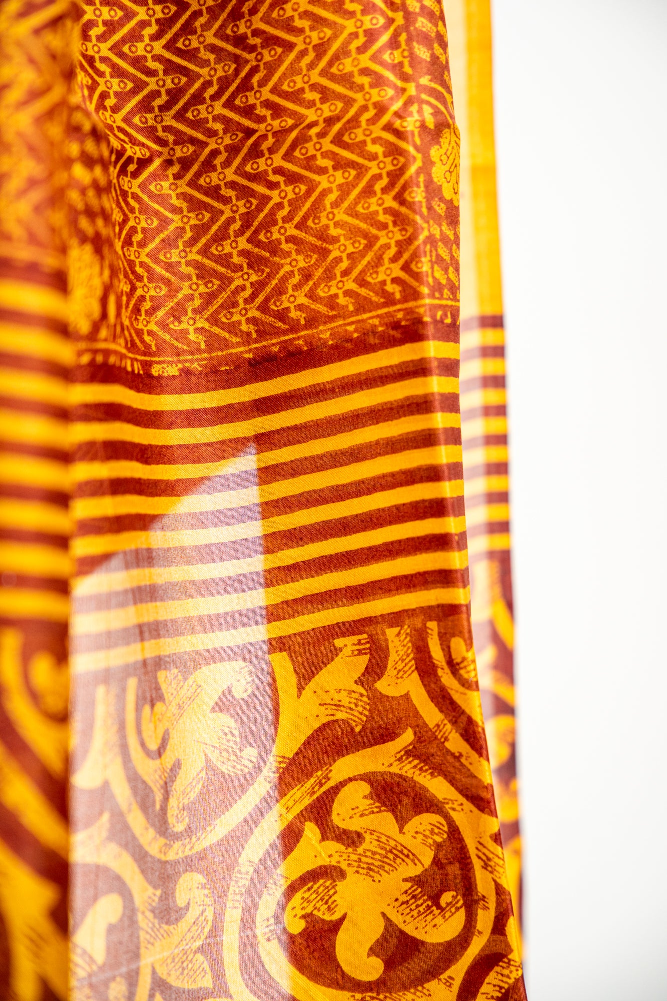 Mustard Yellow and Ochre Gold on a deep Rust-Brown base Pure Silk Saree