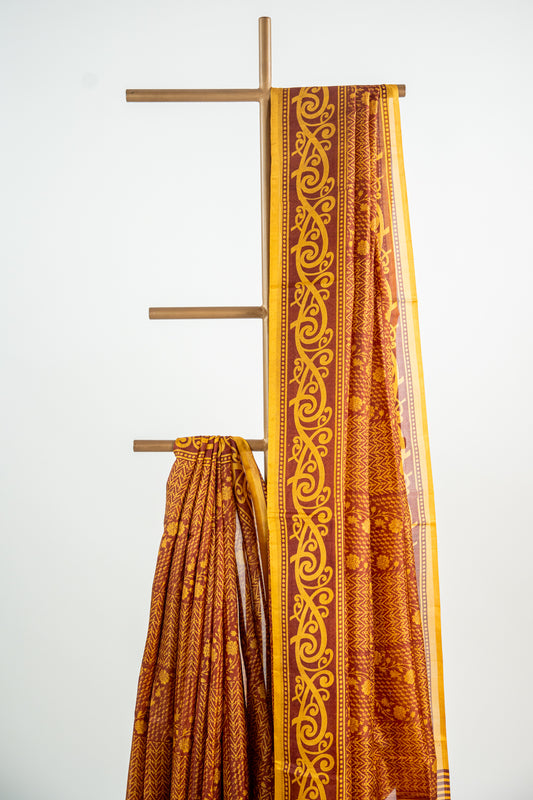 Mustard Yellow and Ochre Gold on a deep Rust-Brown base Pure Silk Saree