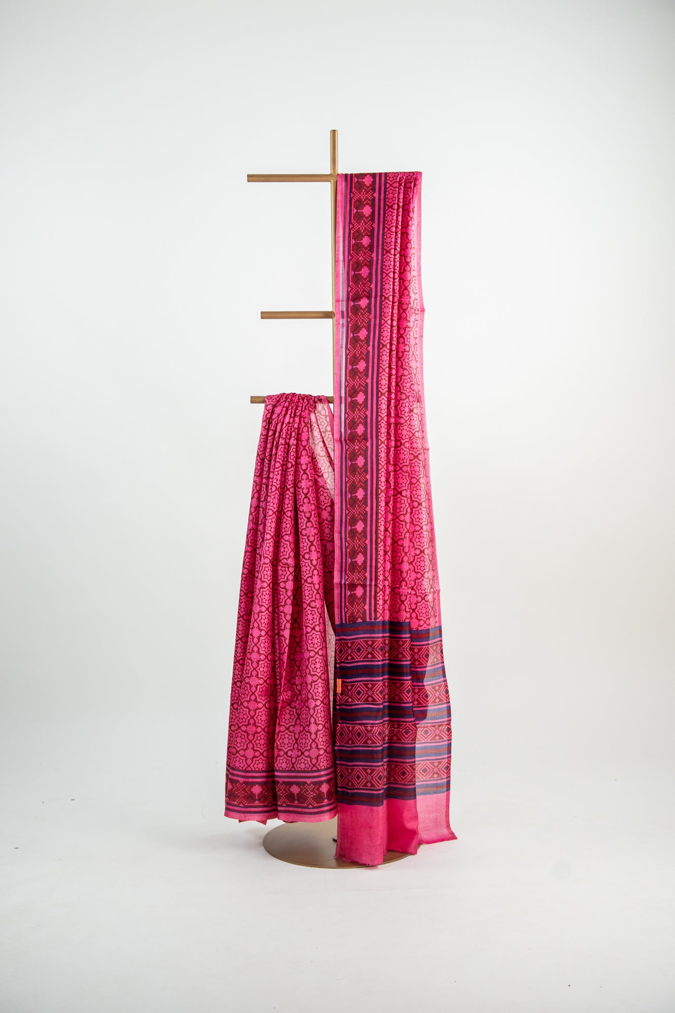 Hot Pink / Rani Pink with dark maroon contours Pure Silk Saree