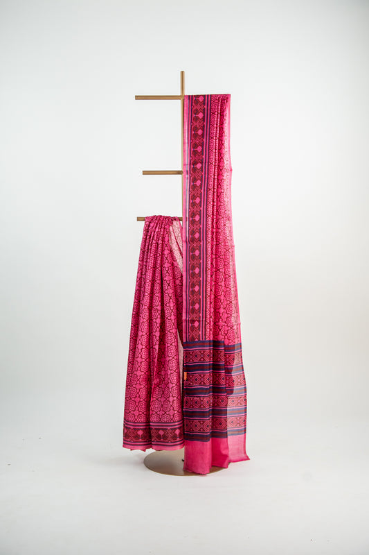 Hot Pink / Rani Pink with dark maroon contours Pure Silk Saree