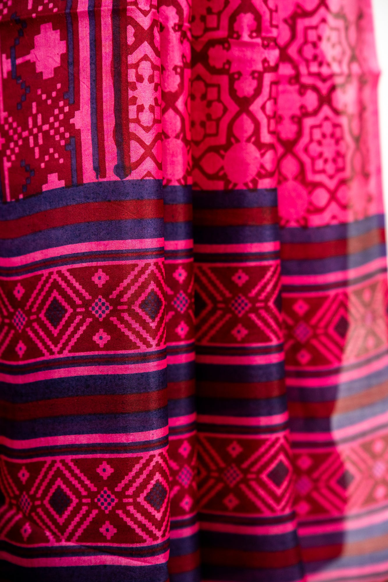 Hot Pink / Rani Pink with dark maroon contours Pure Silk Saree