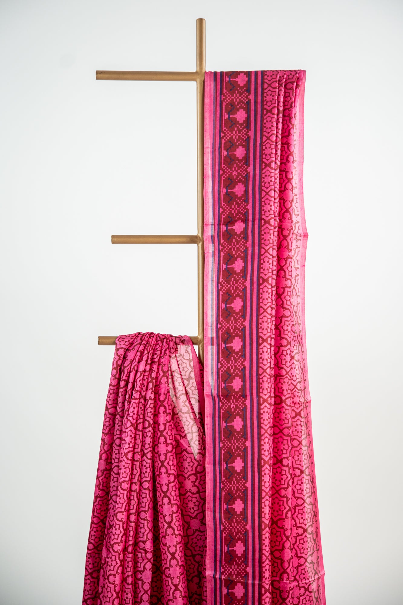 Hot Pink / Rani Pink with dark maroon contours Pure Silk Saree