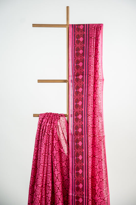 Hot Pink / Rani Pink with dark maroon contours Pure Silk Saree
