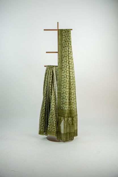 Olive Green / Muted Sage body with bright metallic/light gold highlights Pure Silk Saree