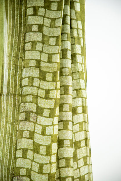 Olive Green / Muted Sage body with bright metallic/light gold highlights Pure Silk Saree