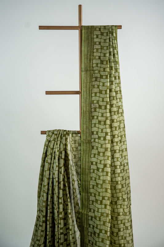 Olive Green / Muted Sage body with bright metallic/light gold highlights Pure Silk Saree