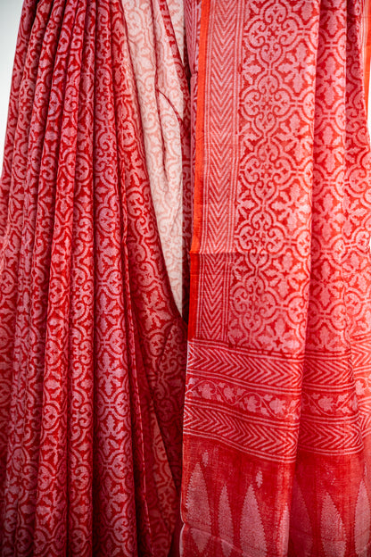 Terracotta Red / Rust-Orange tone with a softer rose-tinted accent Pure Silk Saree