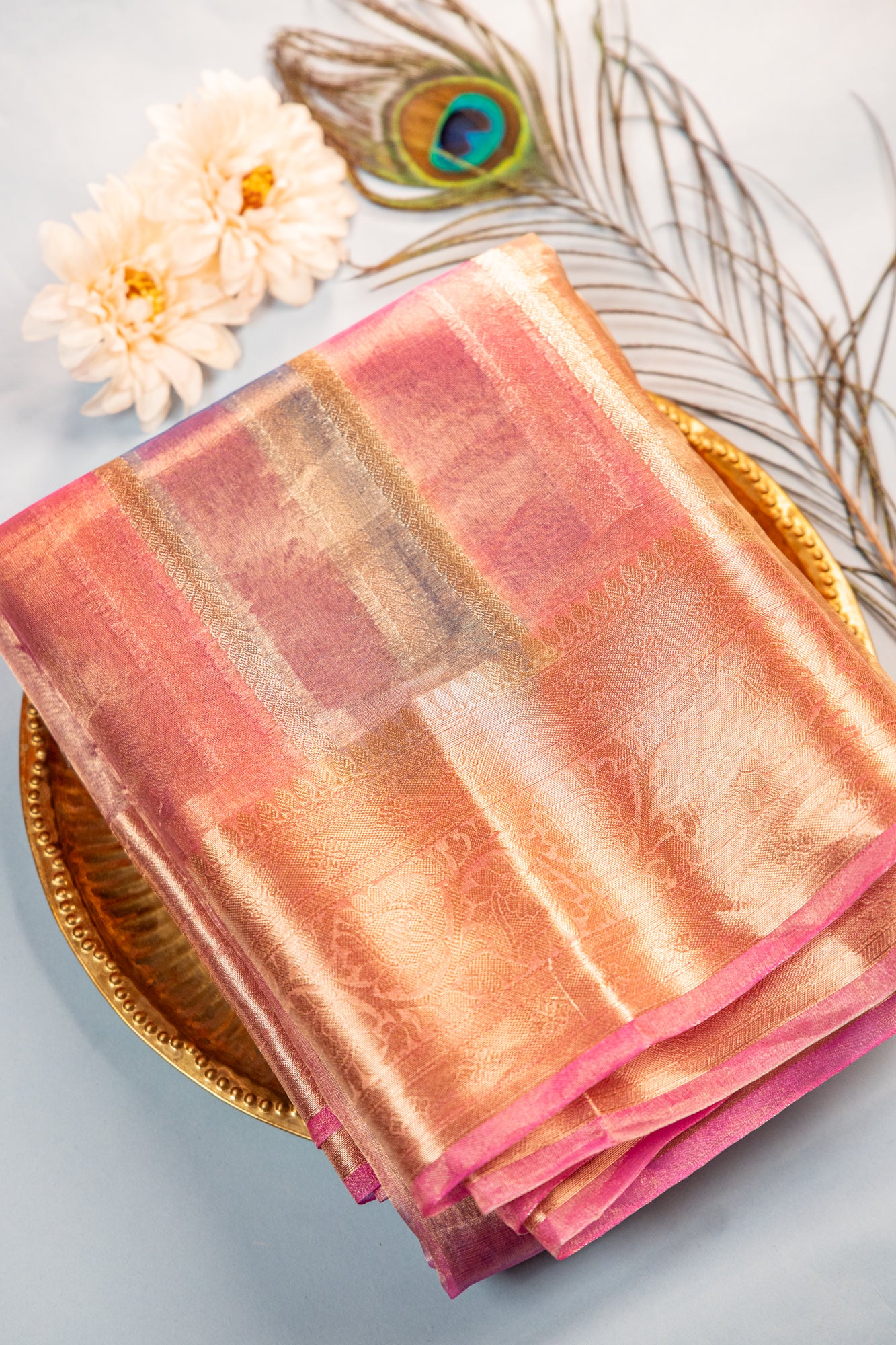 Peach Rose Gold Tissue Silk Saree with Mauve Undertones