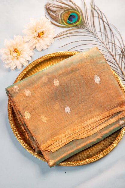 Smoky Teal with Muted Bronze-Gold Tissue Silk Saree