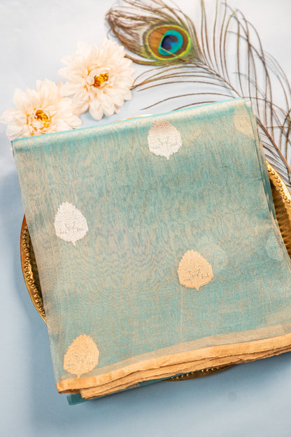 Dusty Teal with Gold and Silver Tissue Silk Saree