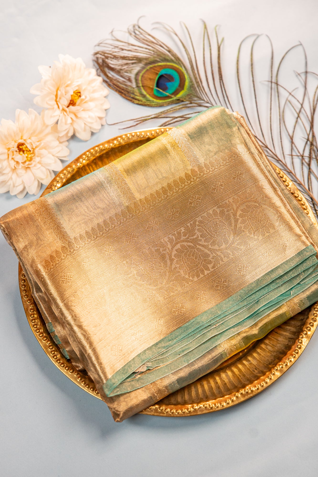 Teal Blue, Sea Green, Olive Green Tissue Silk Saree