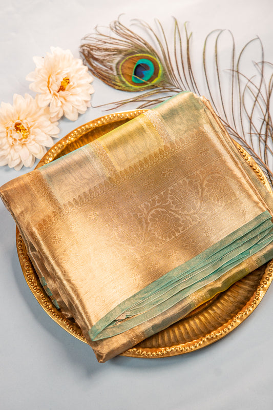 Teal Blue, Sea Green, Olive Green Tissue Silk Saree