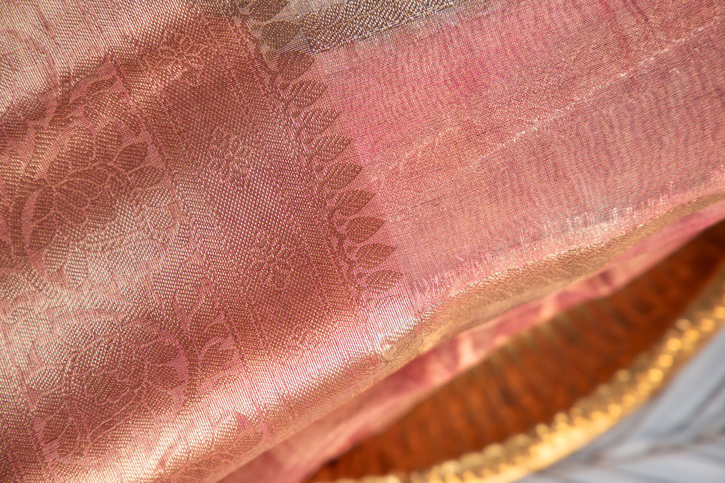 Peach Rose Gold Tissue Silk Saree with Mauve Undertones