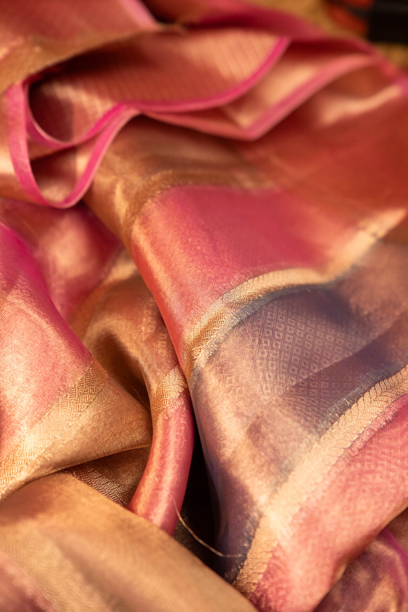 Peach Rose Gold Tissue Silk Saree with Mauve Undertones