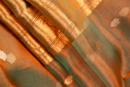 Smoky Teal with Muted Bronze-Gold Tissue Silk Saree