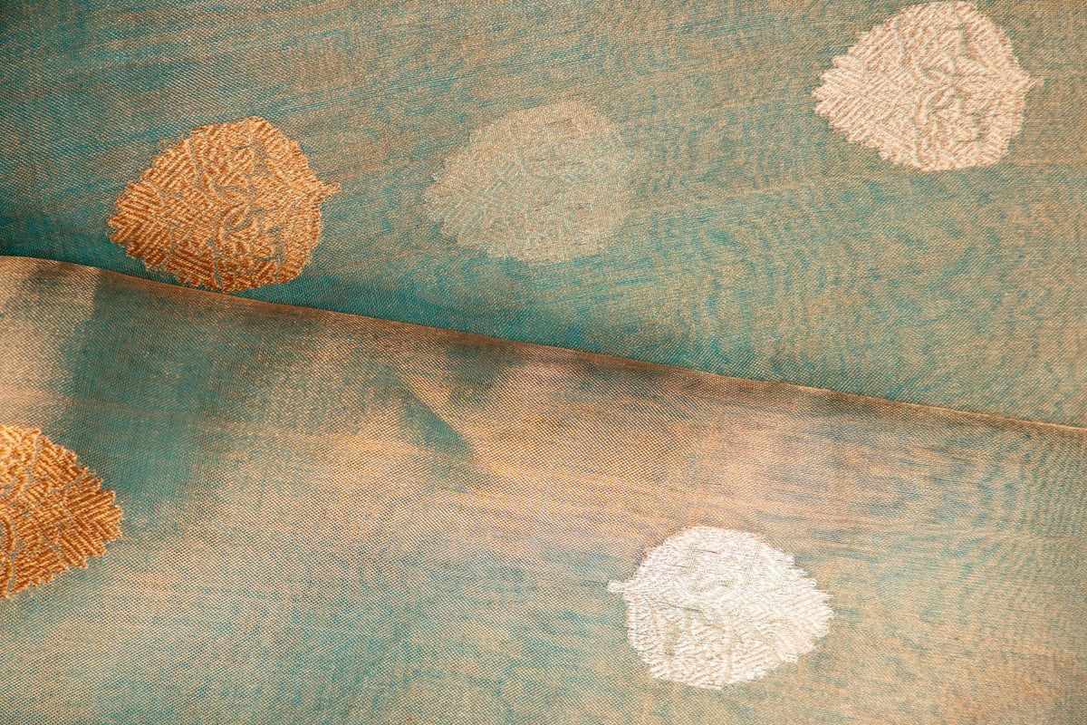 Dusty Teal with Gold and Silver Tissue Silk Saree
