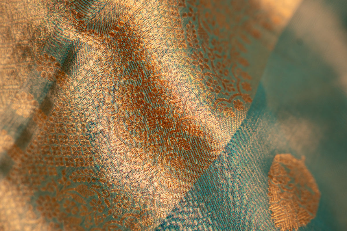Dusty Teal with Gold and Silver Tissue Silk Saree