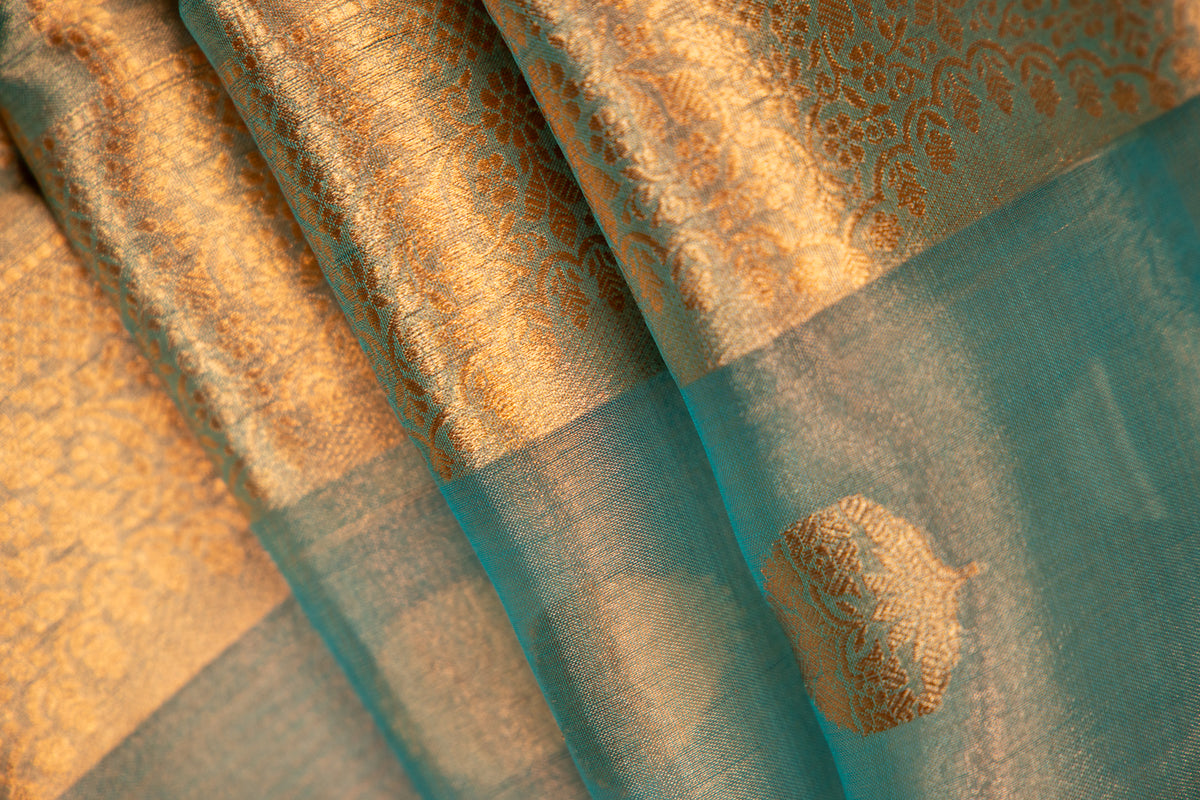 Dusty Teal with Gold and Silver Tissue Silk Saree