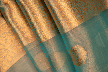 Dusty Teal with Gold and Silver Tissue Silk Saree