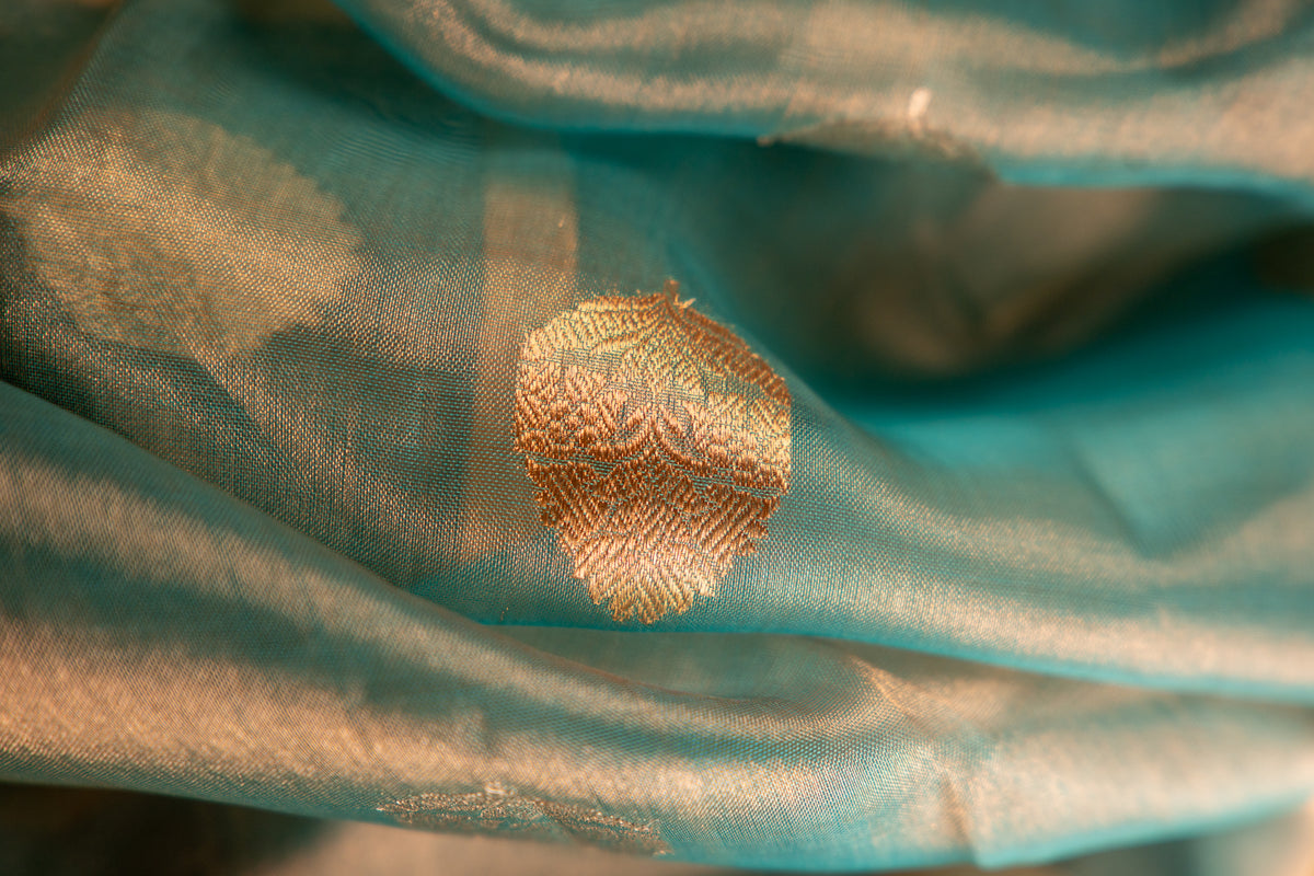 Dusty Teal with Gold and Silver Tissue Silk Saree