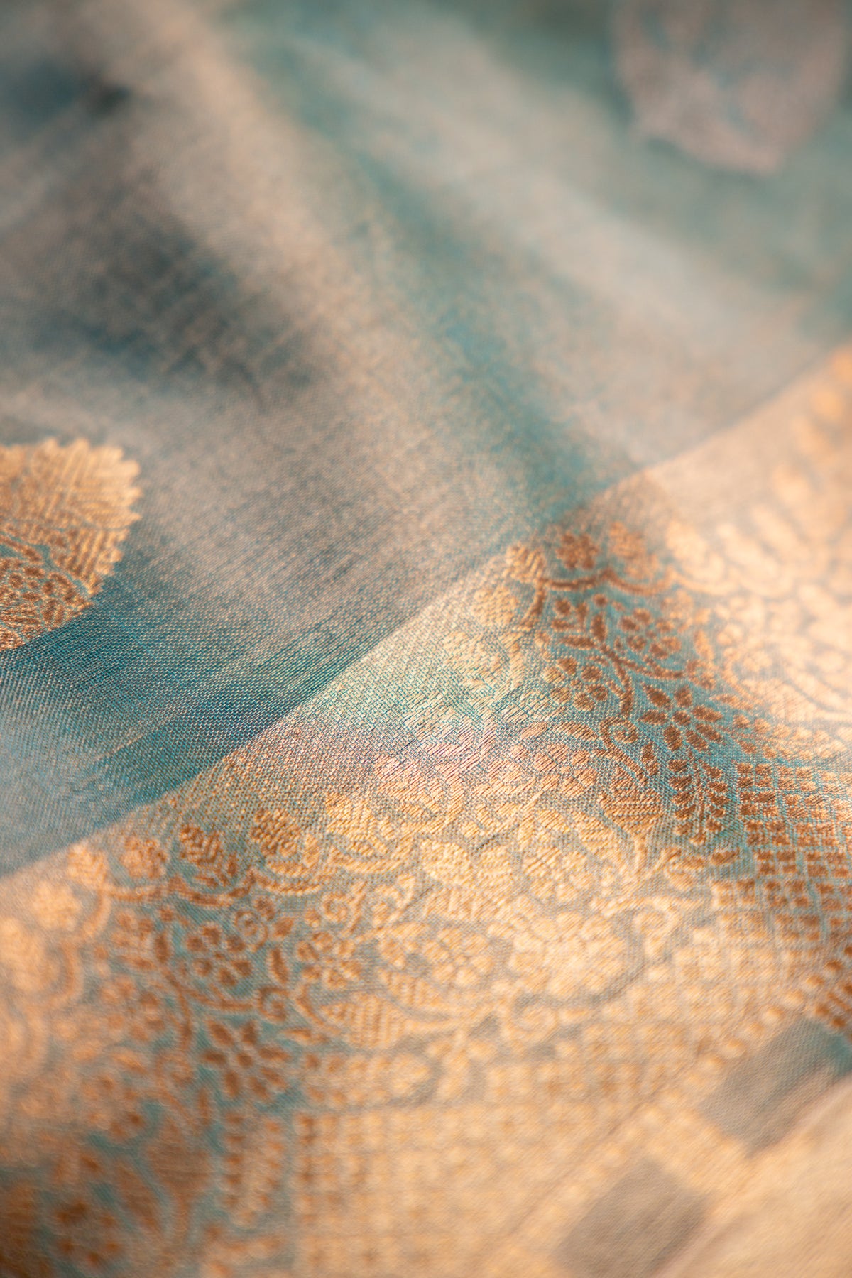Dusty Teal with Gold and Silver Tissue Silk Saree