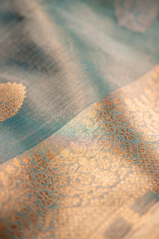 Dusty Teal with Gold and Silver Tissue Silk Saree