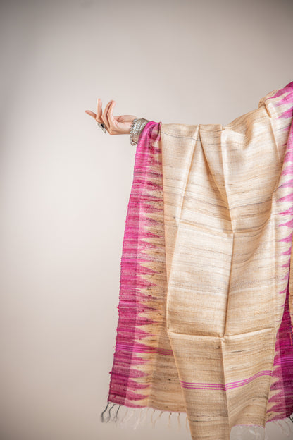 Warm Honey-Beige with an electric Fuchsia Tussar Silk Dupatta