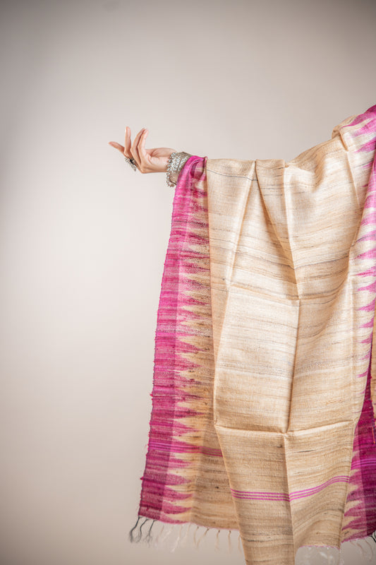 Warm Honey-Beige with an electric Fuchsia Tussar Silk Dupatta