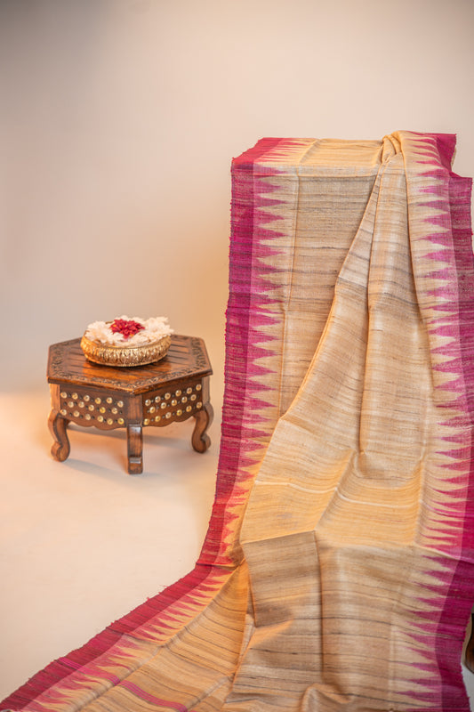 Warm Honey-Beige with an electric Fuchsia Tussar Silk Dupatta